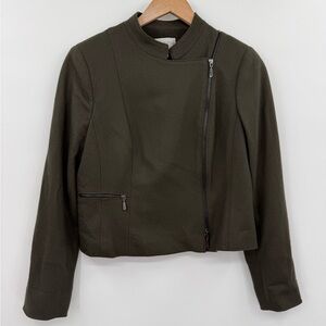 Worth Wool Asymmetrical Zip Cropped Jacket in Olive Green | Size 8